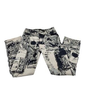 Rebel Vengeance Mens Woven Tapestry Skull Cargo Pants Black White Size 30